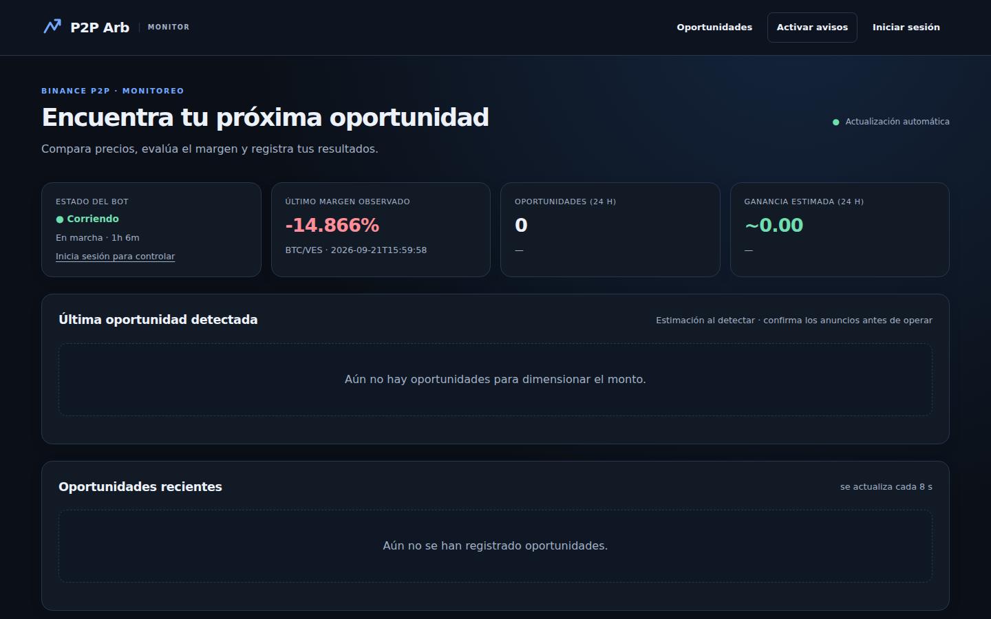P2P Arb Monitor dashboard with bot status, latest margin and recent opportunities